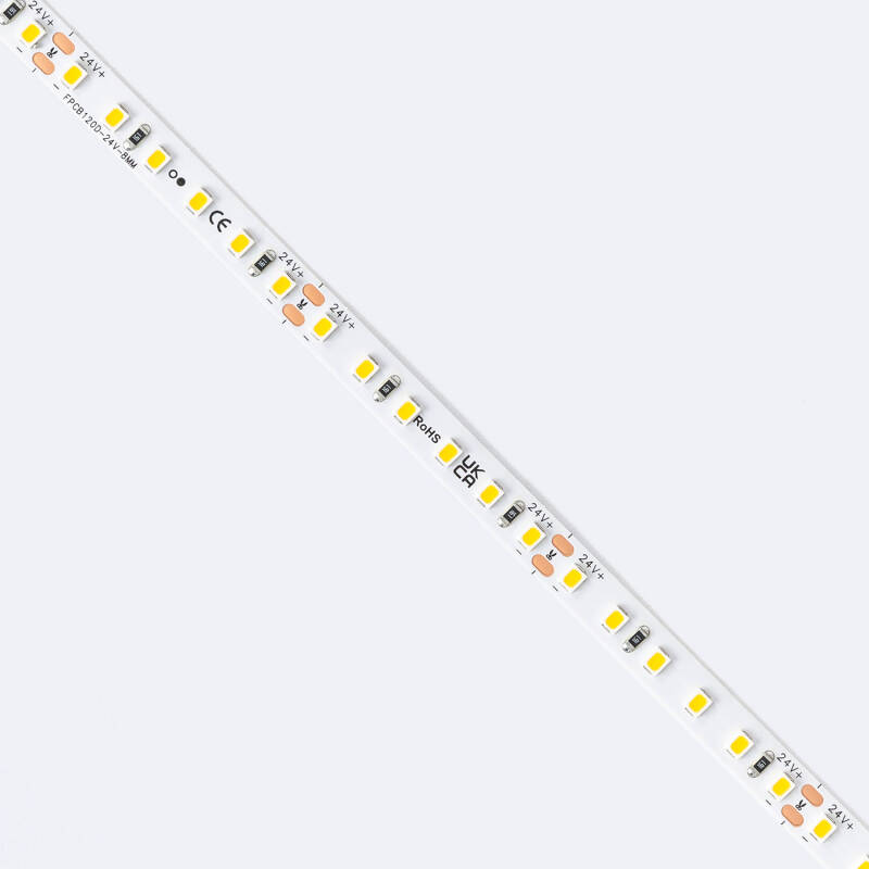 Tira LED 24V SMD 120 LED/m Bobina 20m 10W/m 1100lm/m Ancho 8mm Corte 5cm IP20