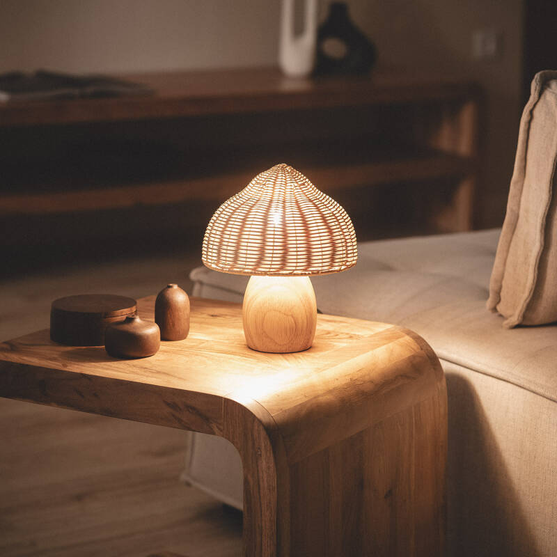 Lámpara de Mesa Madera y Ratán Karava