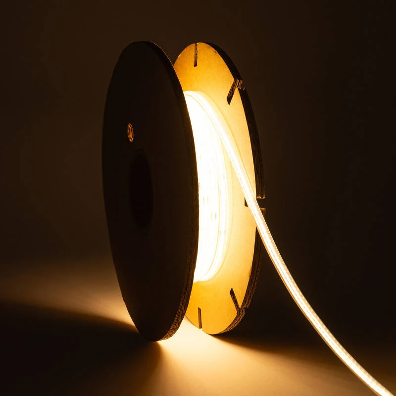 Tira LED Regulable 220V COB Autorrectificada 480 LED/m BOBINA 20m 12W/m 900lm/m Superestrecha Ancho 6.5mm Corte 10cm IP65