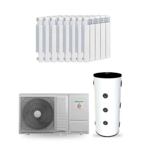 Kit Aerotermia con Radiadores Normales de Agua 8kW Hisense con DI 100L para vivienda 120m2