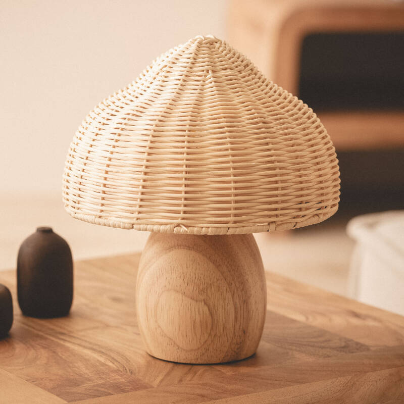 Lámpara de Mesa Madera y Ratán Karava