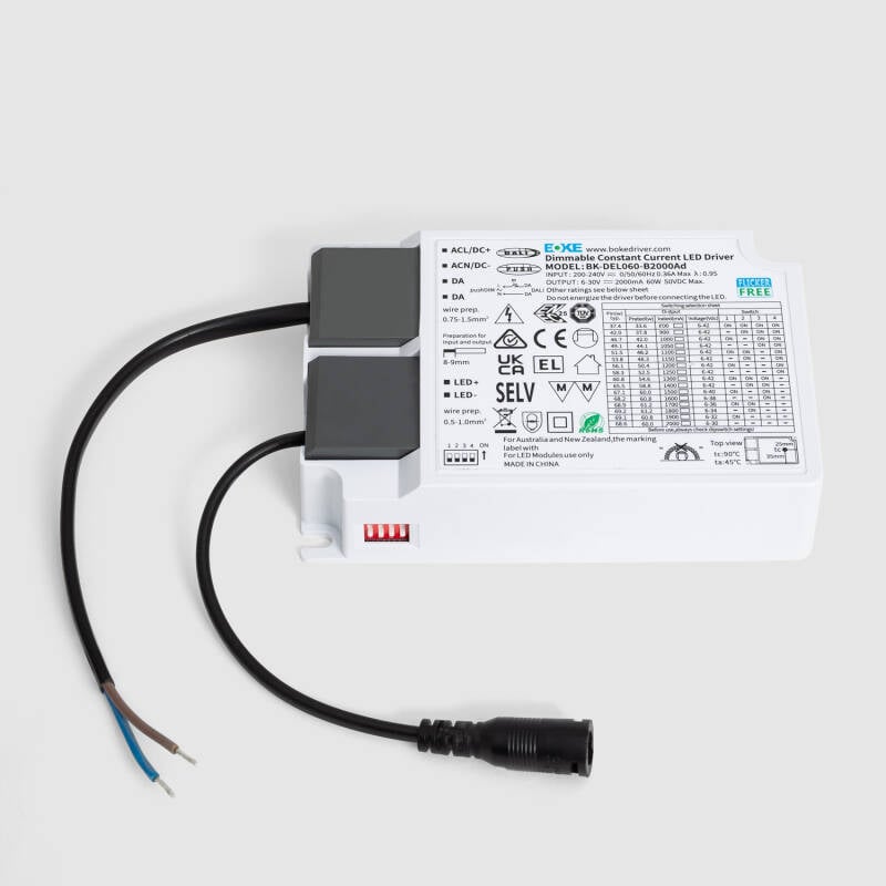 Driver BOKE Regulable DALI/PUSH 200-240V No Flicker Salida 6-30V 800-2000mA 60W BK-DEL060-B2000Ad