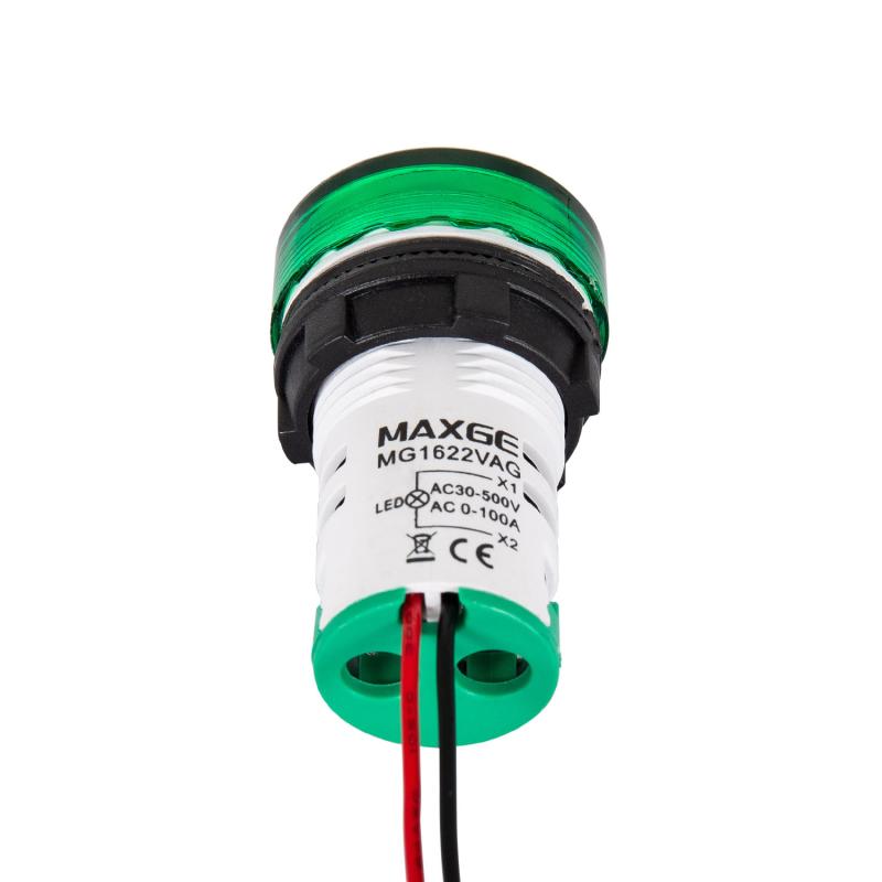 Testigo Luminoso MAXGE con Voltímetro 20-500V y Amperímetro 0-100A Ø22mm