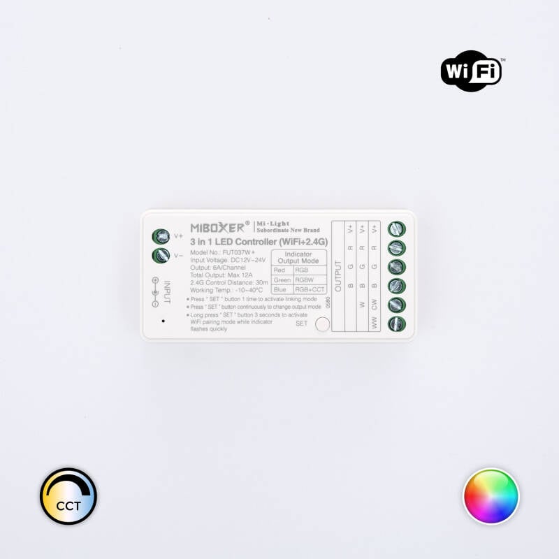 Controlador Regulador WiFi LED RGB/RGBW/RGB+CCT 12/24V DC MiBoxer FUT037W+