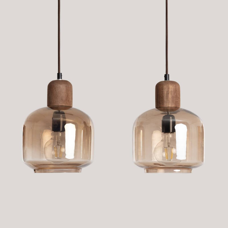 Lámpara Colgante Madera y Cristal Amber Dallas 2 Focos  ILUZZIA