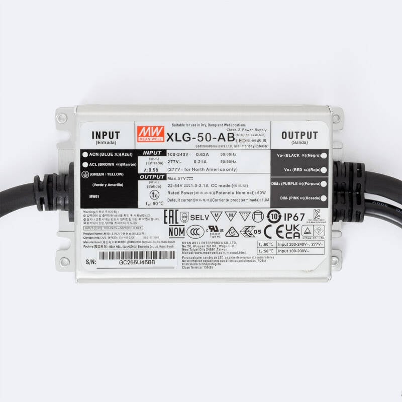 Driver MEAN WELL Regulable 1-10V IP67 100-240V Salida 22-54V 1000-2100mA 50W XLG-50-H-AB