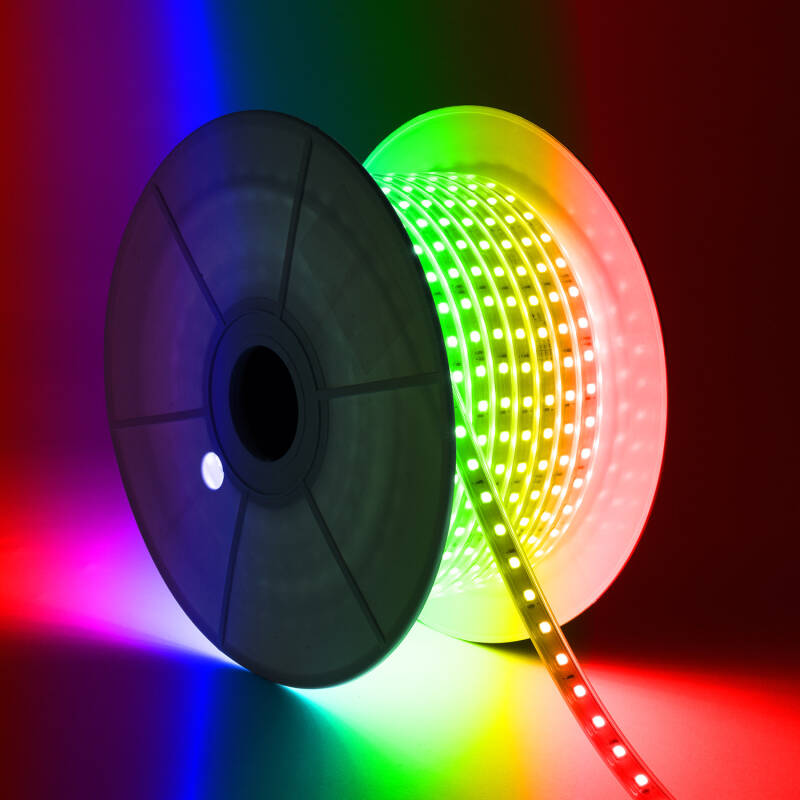 Tira LED RGB 220V SMD 60 LED/m BOBINA 50m 9.5W/m Ancho 14.5mm Corte 100cm IP65 con Mando IR