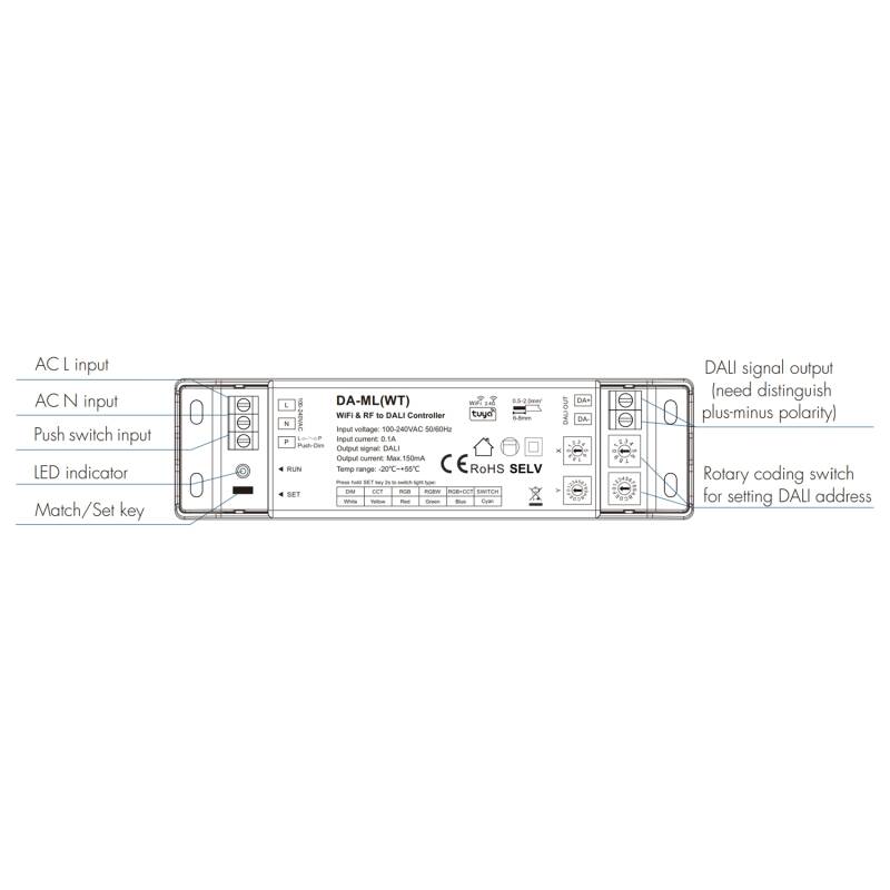 Convertidor WIFI RF a DALI DT6/DT8 con BUS Integrado SKYDANCE DA-ML(WT) Compatible con Tuya y Pulsador