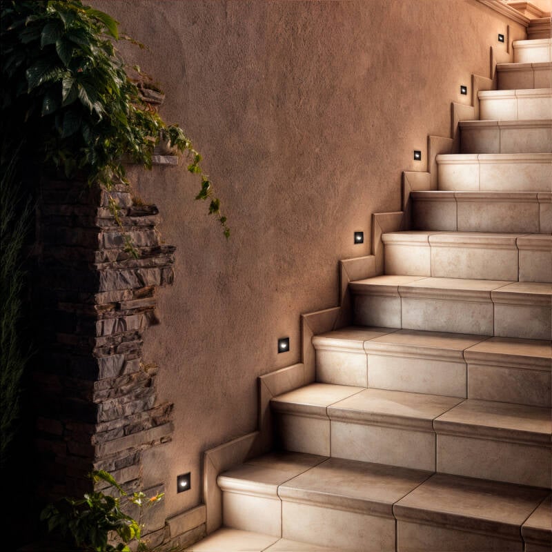 Baliza Exterior LED 2W Empotrable Pared Cuadrado Negro Guell