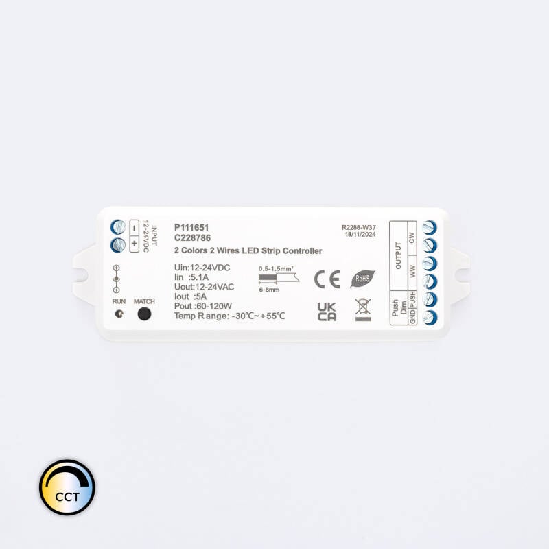 Controlador Regulador Tira LED CCT 12/24V DC 2 Canales compatible con Pulsador y Mando RF