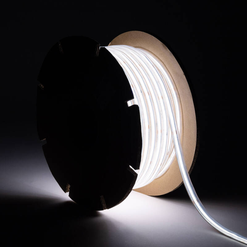 Tira LED Regulable 220V COB Autorrectificada 560 LED/m BOBINA 50m 14W/m 1250lm/m SILICONE FLEX IC-2P Ancho 10mm Corte 10cm IP65
