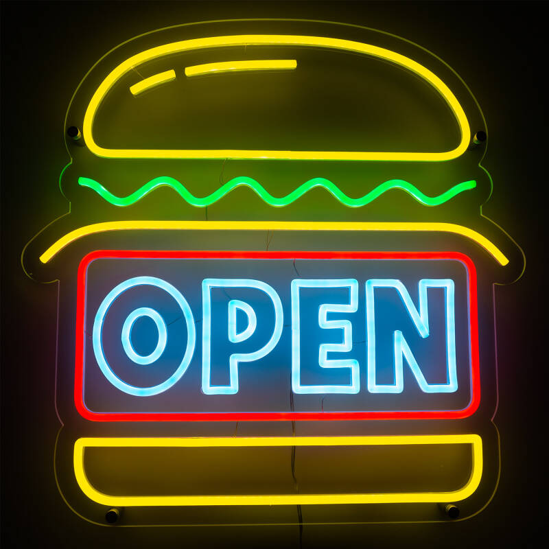 Cartel Neón LED Open Burger