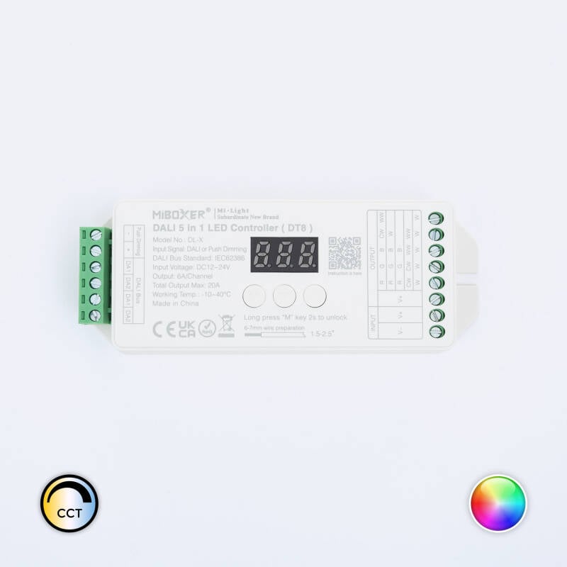Controlador Regulador LED DL-X DALI 5 en 1 DT8 para tira Monocolor/CCT/RGB/RGBW/RGB+CCT 12/24V DC MiBoxer