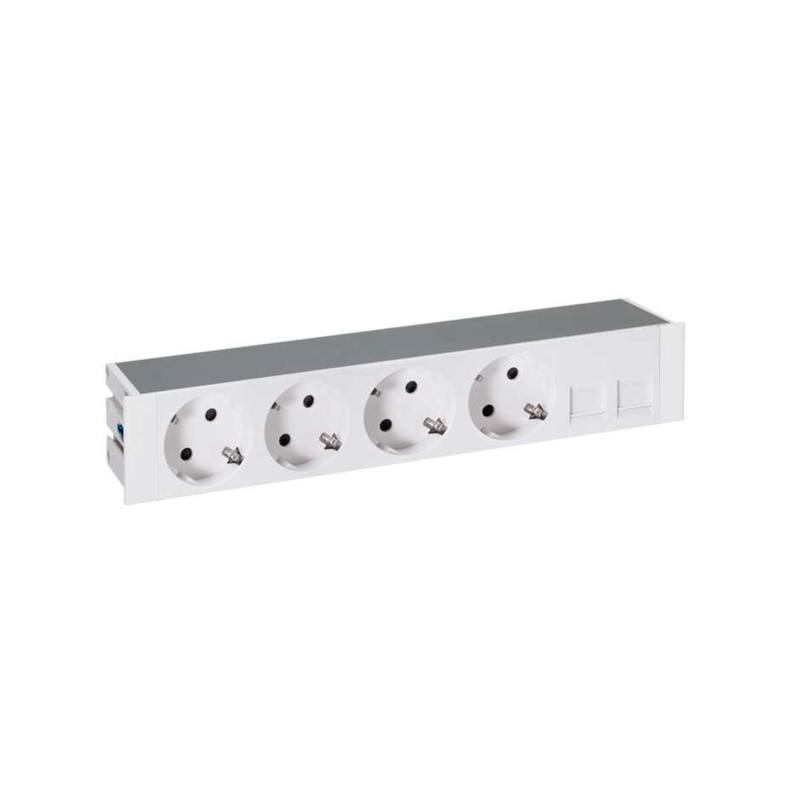 Kit Empotrable 4 bases de Enchufe Schuko y Placa para 2 Conectores RJ45 con tapa y cepillo SIMON 400 44504020-130