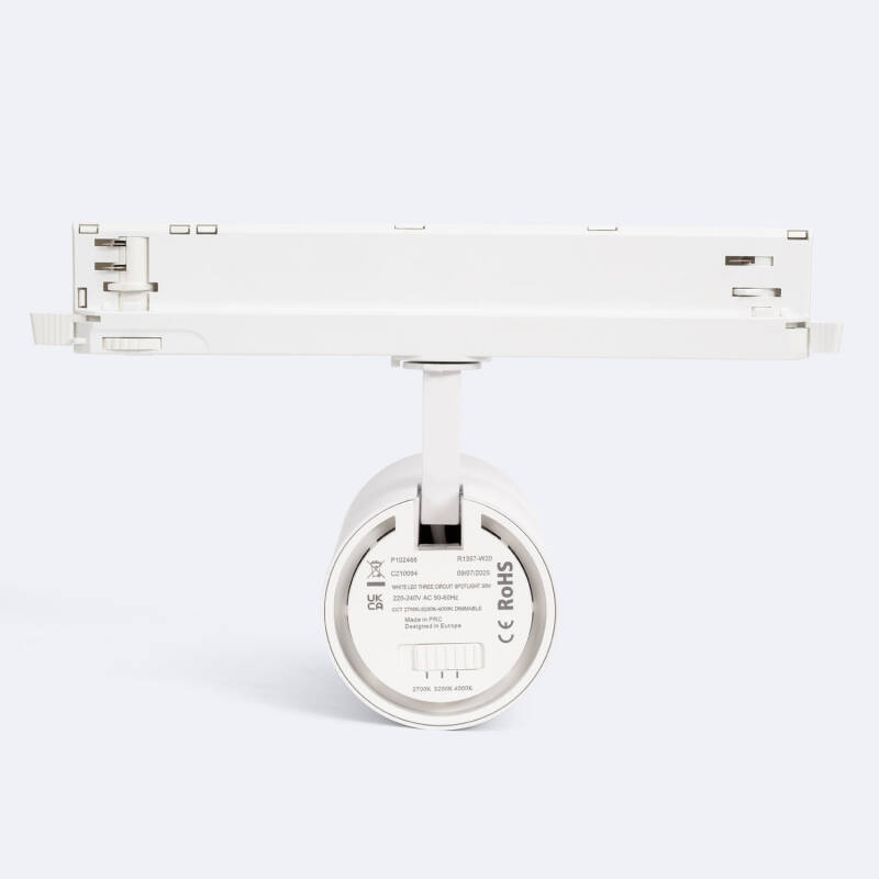 Foco Carril LED Trifásico 30W Fasano Antideslumbramiento CCT Seleccionable Regulable DALI Blanco