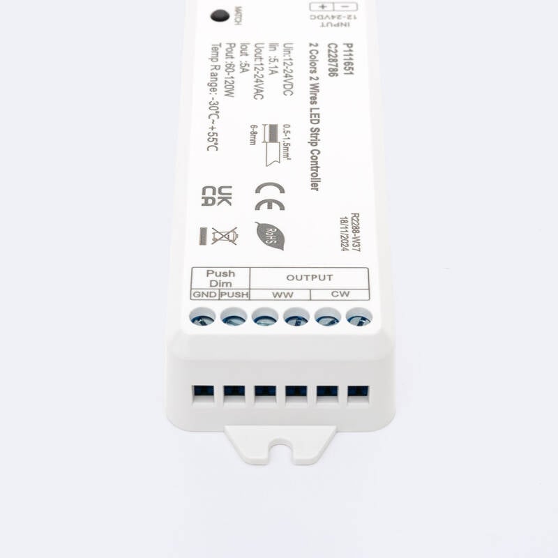 Controlador Regulador Tira LED CCT 12/24V DC 2 Canales compatible con Pulsador y Mando RF