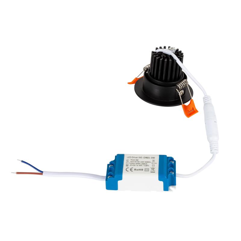 Foco Downlight LED 3W Circular COB CRI90 Corte Ø 55 mm Negro