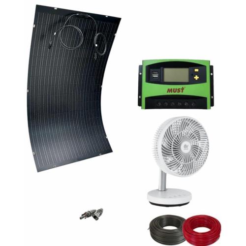 Pack de Ventilador Solar Mesa Pequeño Blanco 14W con Sistema 200W con Regulador 750Whdia