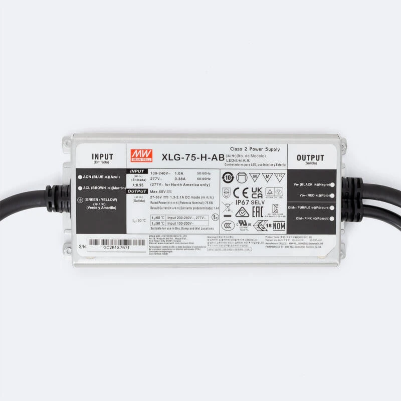 Driver MEAN WELL IP67 100-240V Salida 27-56V 1300-2100mA 75W XLG-75-H-AB