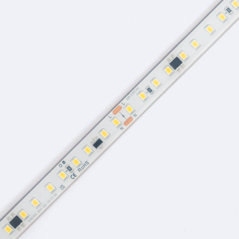 Tira LED Regulable 220V SMD Autorrectificada 120 LED/m BOBINA 50m 14W/m 1680lm/m SILICONE FLEX Ancho 12mm Corte 10cm IP67