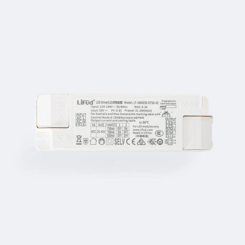 Driver LIFUD Regulable 0-10V 220-240V No Flicker Salida 25-42V 650-750mA 25-30W LF-ABA030-0750-42