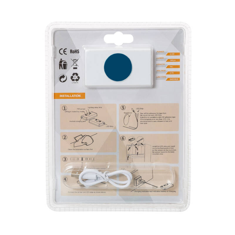 Tira LED con Sensor de Movimiento 30LED/m 1m IP20 Batería Recargable