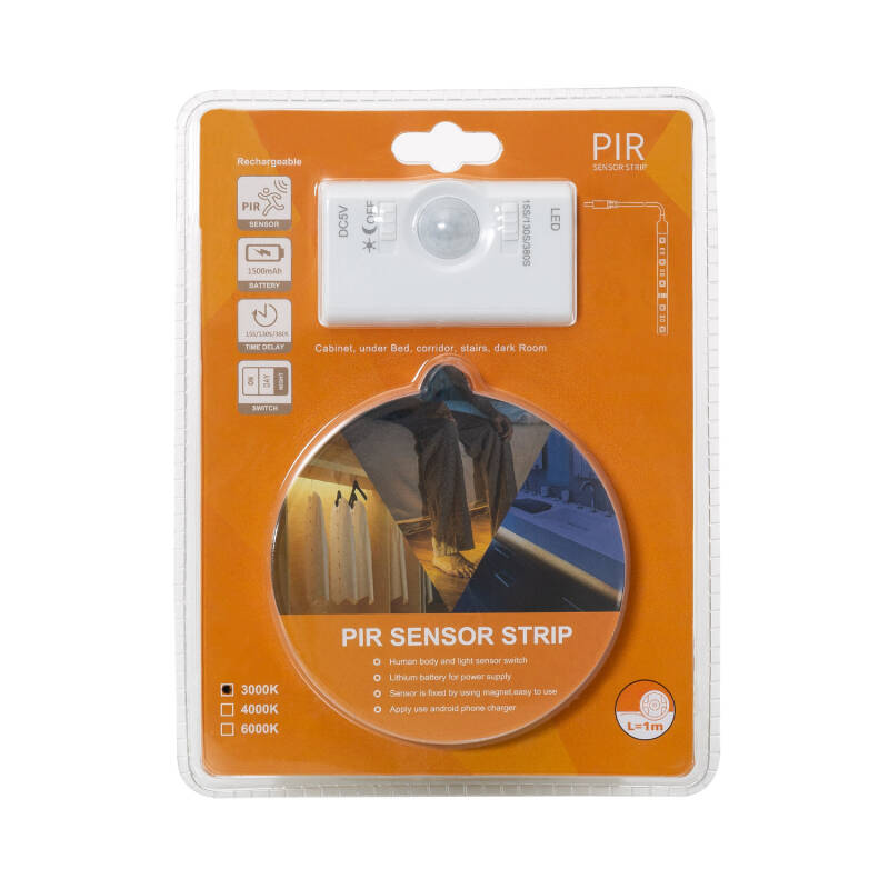Tira LED con Sensor de Movimiento 30LED/m 1m IP20 Batería Recargable