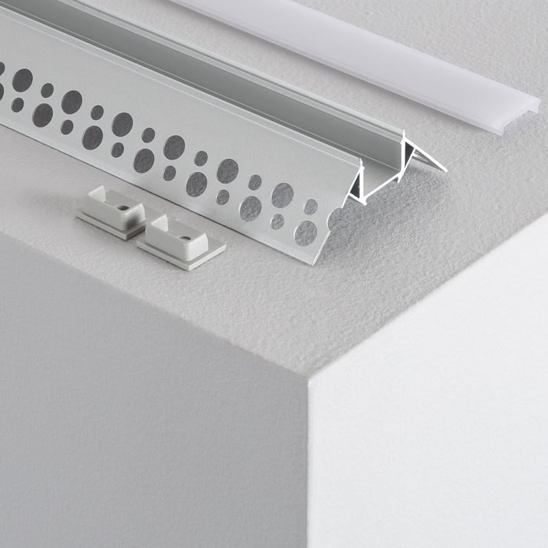 Perfil Aluminio Integrado en Escayola/Pladur Esquina Exterior Tira LED hasta 8 mm con Tapa Continua