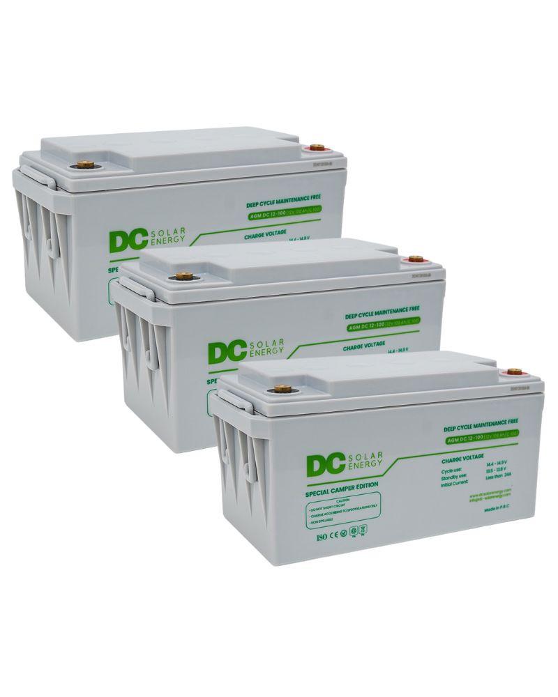 Pack 3 unidades de Baterías Camper AGM 100Ah 12V DC Solar Energy