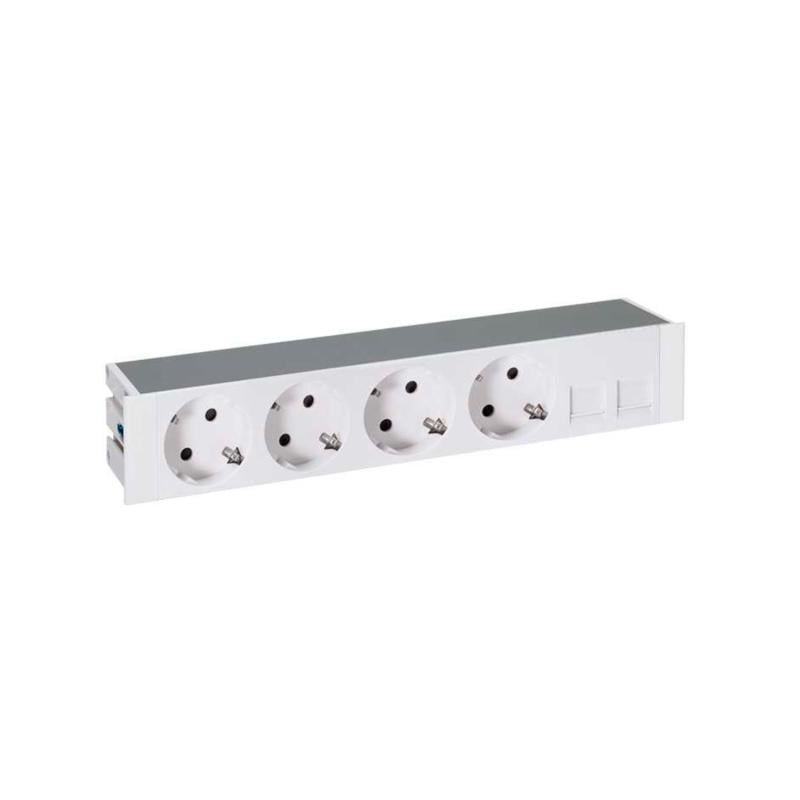 Kit Empotrable 4 bases de Enchufe Schuko y Placa para 2 Conectores RJ45 con tapa y cepillo SIMON 400 44504020-130