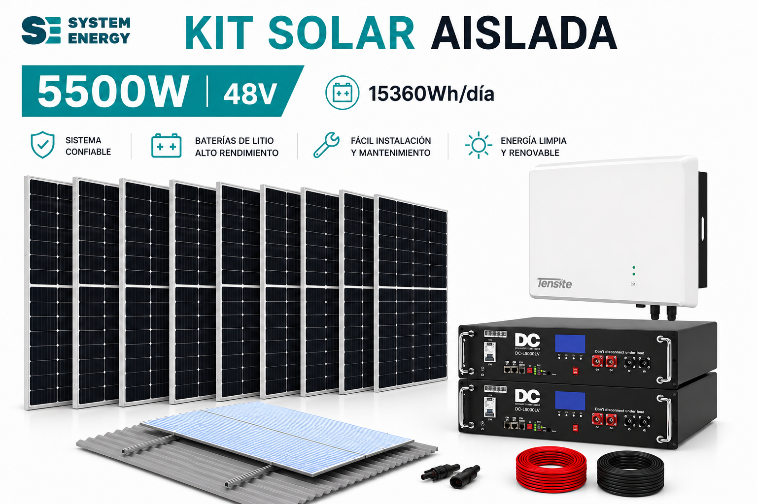 Kit Fotovoltaico para Instalar Placas Solares en Casa Tensite 3kW con Batería de Litio DC Solar