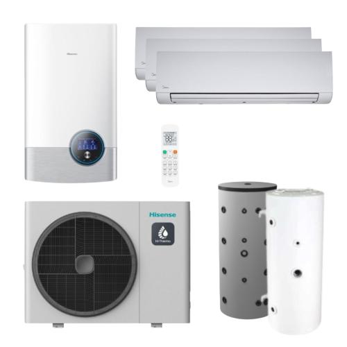 Kit Aerotermia con Fancoils Hisense Bibloc Mural Hi-Therma 14kW R32 con ACS 300L e Inercia 100L para 200m2