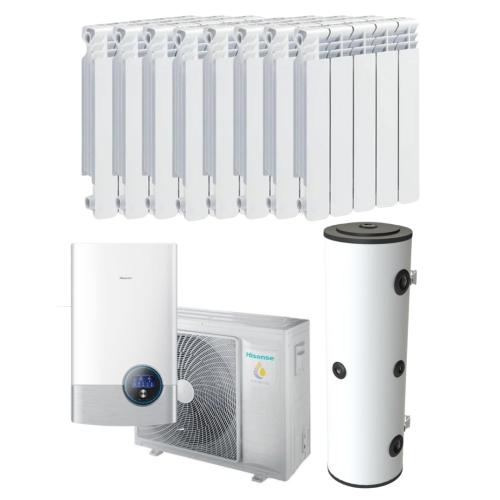 Kit Aerotermia con Radiadores Aluminio 8kW Hisense Bibloc con DI 50L para vivienda 100m2