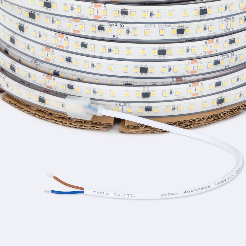 Tira LED Regulable 220V SMD Autorrectificada 120 LED/m BOBINA 50m 14W/m 1680lm/m SILICONE FLEX Ancho 12mm Corte 10cm IP67